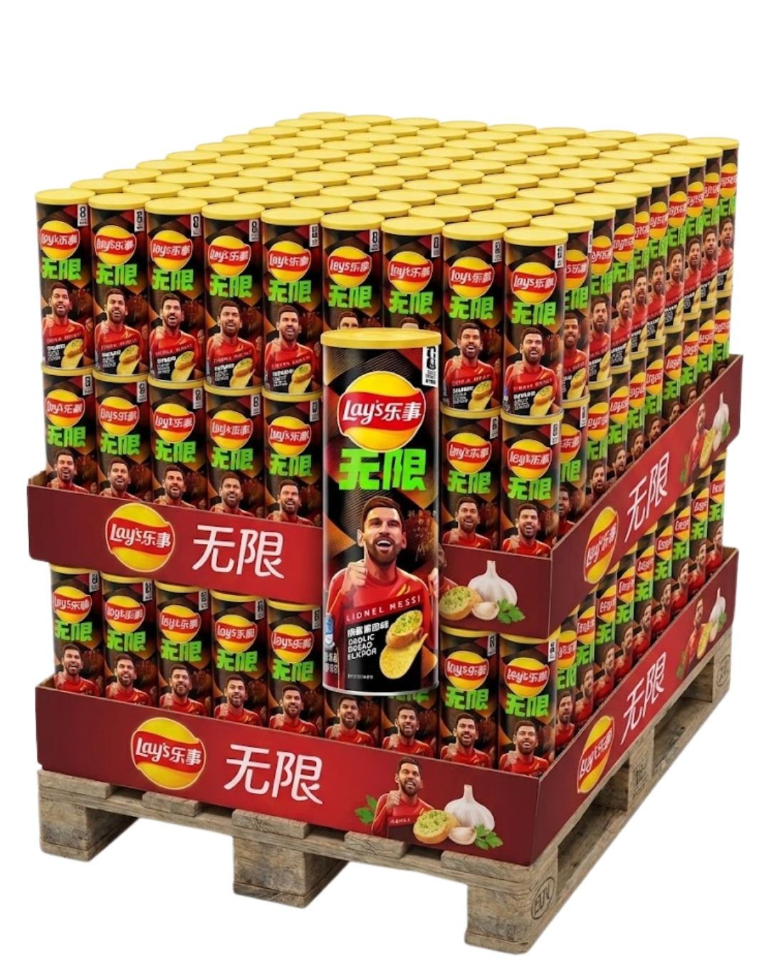 PALLET ROW - Lays Limited Lionel Messi Stax Garlic Bread - TAIWAN (5 CASES)