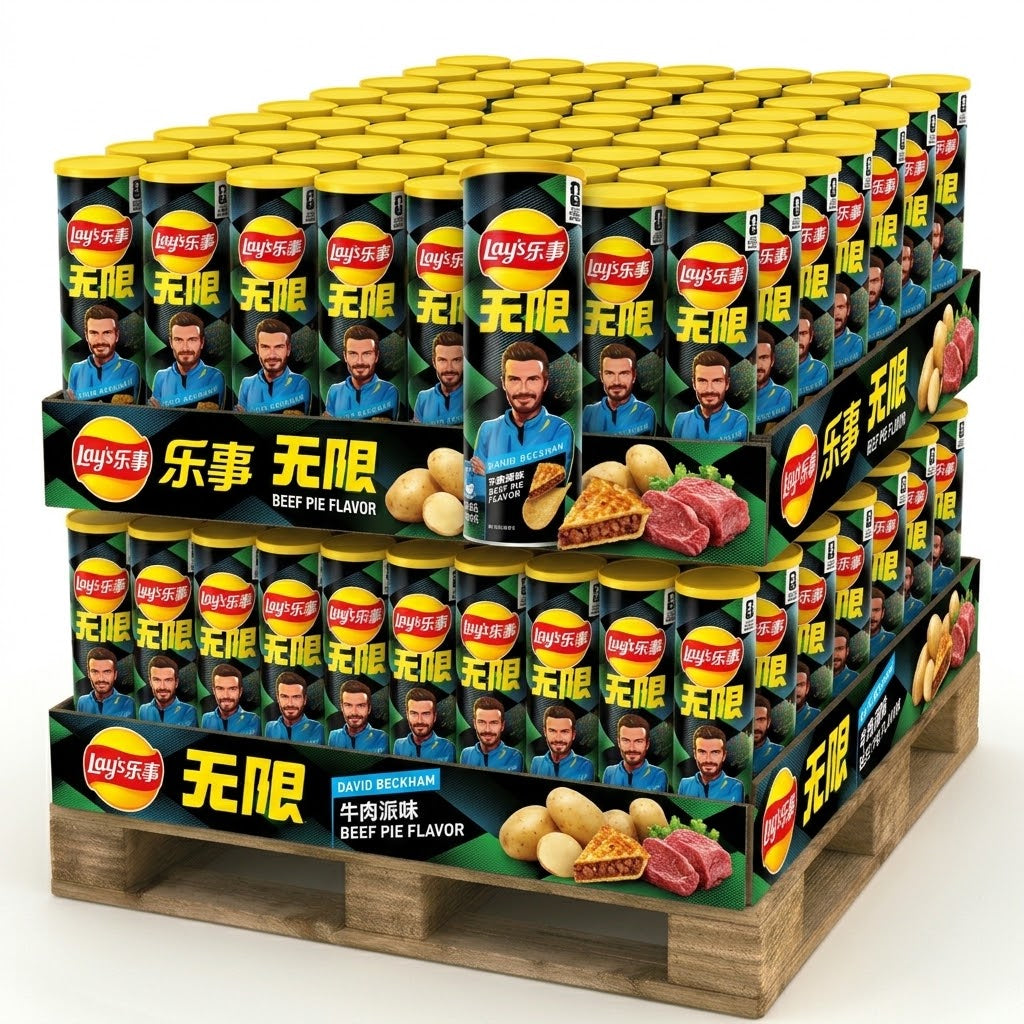 PALLET ROW - Lays Limited David Beckham Stax Beef Pie - TAIWAN (5 CASES)